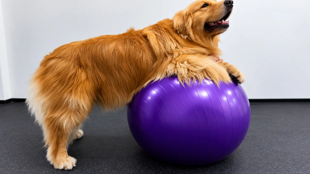 Golden Retriever em exercício de fortalecimento com uma bola terapêutica roxa.